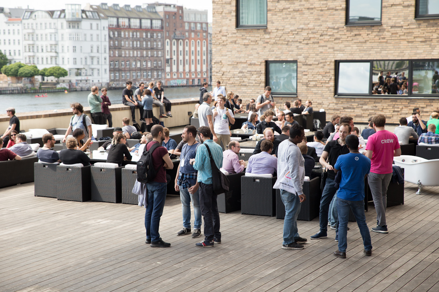 Attendees of GraphQL-Europe 2017 at our venue, nHow Hotel, enjoying the lunch on the terrace